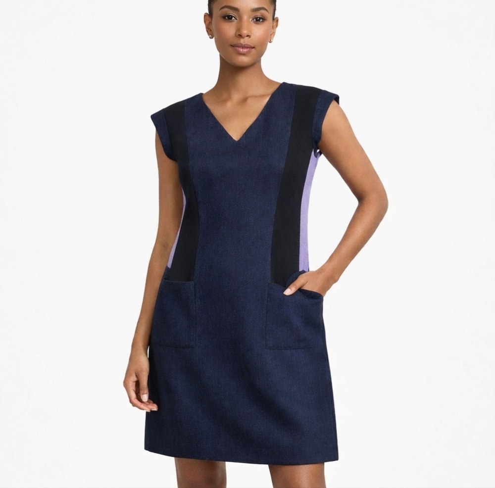 REBECCA TAYLOR Colorblock Shift Dress Rolled Cap Sleeves Navy Black Lavender 6 M - Picture 1 of 13